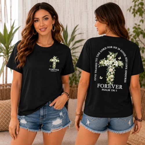 Christian Faith Shirts for Women Jesus Religious Bible Verse Shirts Inspirational Floral Corss Casual Graphic Tees - color: Black, size: Large