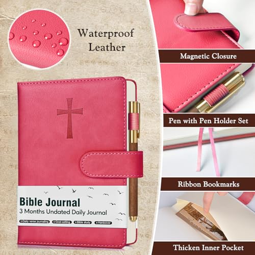 Leather Christian Bible Journal for Women, Prayer Journal for Scripture Study, Daily Devotional, Undated Church Notes Notebook, Jesus Religious Faith Gifts for Pastor, Graduation, Baptism, Magenta - color: Magenta