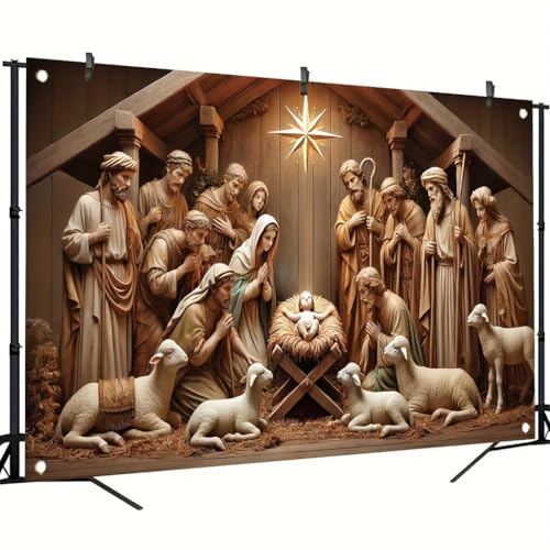 Nativity Scene Christmas Banner 71x43 Inch Qutdoor Holiday Decoration with Jesus MaryJoseph and Shepherds for Religious Christmas Party Church Indoor Qutdoor Decor - color: Peace Miracle