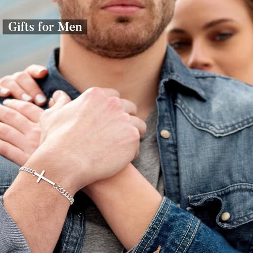 M MOOHAM Cross Bracelet for Men, Silver/14K Gold Plated Mens Bracelet - color: Silver Plated Figaro Chain-7.5Inch