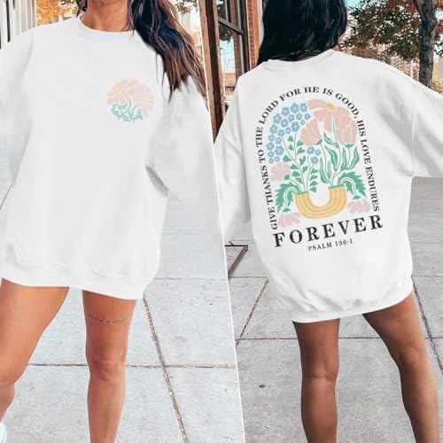 KEEVICI Women Christian Jesus Faith Sweatshirts Bible Verse Flower Floral Sweatshirt Religious God Graphic Oversized Hoodie - color: White, size: Medium