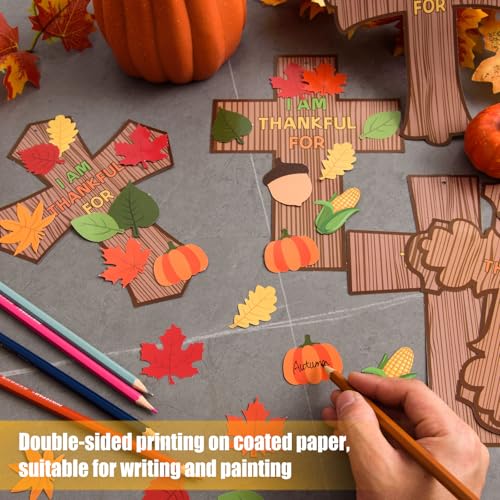 MoDooris 24 Set Fall Cross Craft Kits DIY Thanksgiving Christian Decors Make Your Own Religious Cross Hanging Ornament with Leaf Cutouts for Kids Classroom School Sunday Church Thankful Activity