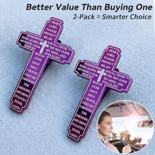 Cross Sun Visor Clip, Christian Gift for Men, Car Charm for Safe Driving, No Swing No Distraction, Religious Blessing Prayer Visor Clip for Drivers, Travelers & Loved Ones (1, Purple) - color: Purple