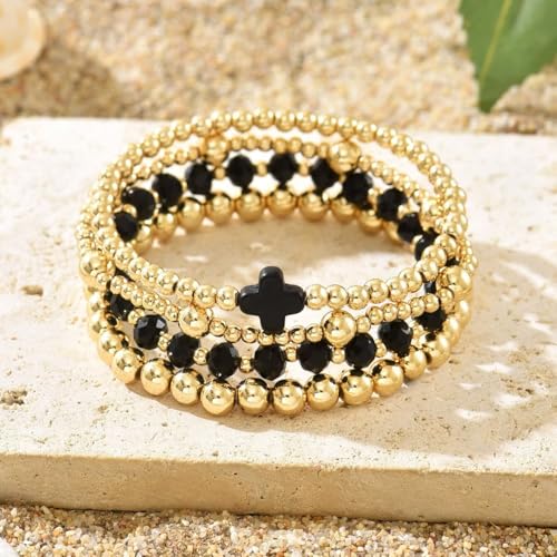 Colorful Cross Charm Bracelets for Women Men Adjustable Gold Plated Beaded Bracelet Boho Bead Ball Stretch Bracelet Birthday Summer Beach Jewelry - color: Black C