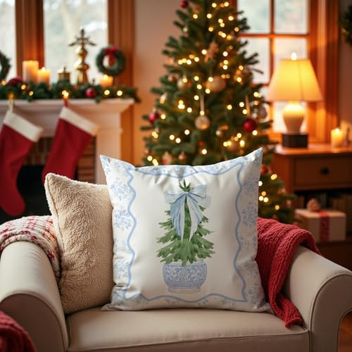 Blue Chinoiserie Preppy Christmas Tree Pillow Covers 18x18, Grandmillennial Christmas Decor, Preppy Girly Blue Bow Xmas Tree Pillow Covers for Girls Dorm Room Apartment Sofa Couch - color: 33 Color