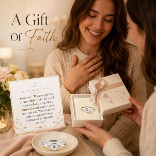 Mustard Seed Ring for Women Christian Faith Jewelry Silver Tone Adjustable Open Ring Inspirational Bible Verse Gift with Message Card - color: A3:size8