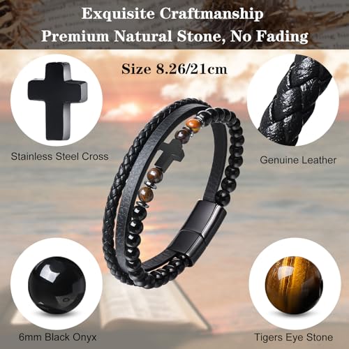 Mens Cross Bead Braided Genuine Leather Bracelet, Black Gemstone Agate Onyx Beaded Rosary Obsidian Bangle, Faith Religious Easter Catholic Christian Communion Baptism Christmas Jewelry Gift for Men - color: 02 Black