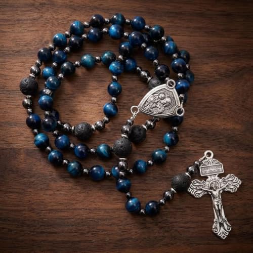 Nazareth Store Blue Tiger Eye Rosary Beads, Handmade Catholic Rosary Necklace with Lava Stone Beads and Our Father Crucifix, Five Decade Prayer Rosary, Religious Gift - style: St. Joseph