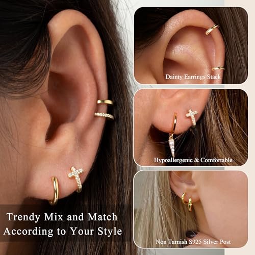 Jewelry for Her Gift 3 Pairs 925 Sterling Silver Earrings for Women Non Tarnish 14K Gold Plated Small Hypoallergenic Huggie Hoops Cartilage Stack Earring Sets for Multiple Piercing - color: 8mm/10mm/10mm-Gold-Bow