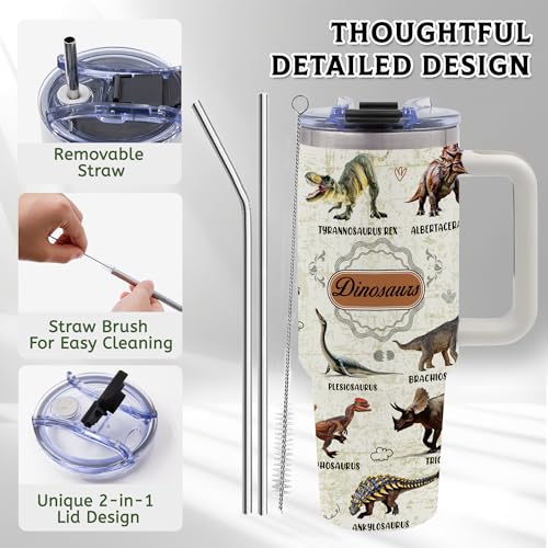Gifts for Fathers, Dinosaur 40oz Tumbler with Handle - color: Dinosaur-White