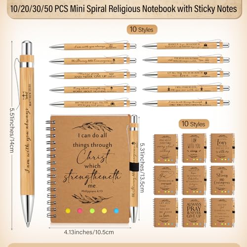 Spakon 50 Set Christian Gifts Bulk Church Gifts Religious Notebook Spiral Bible Verse Bamboo Pens Mini Bible Study Journal for Sunday School Employee Coworker Men Women (Brown)