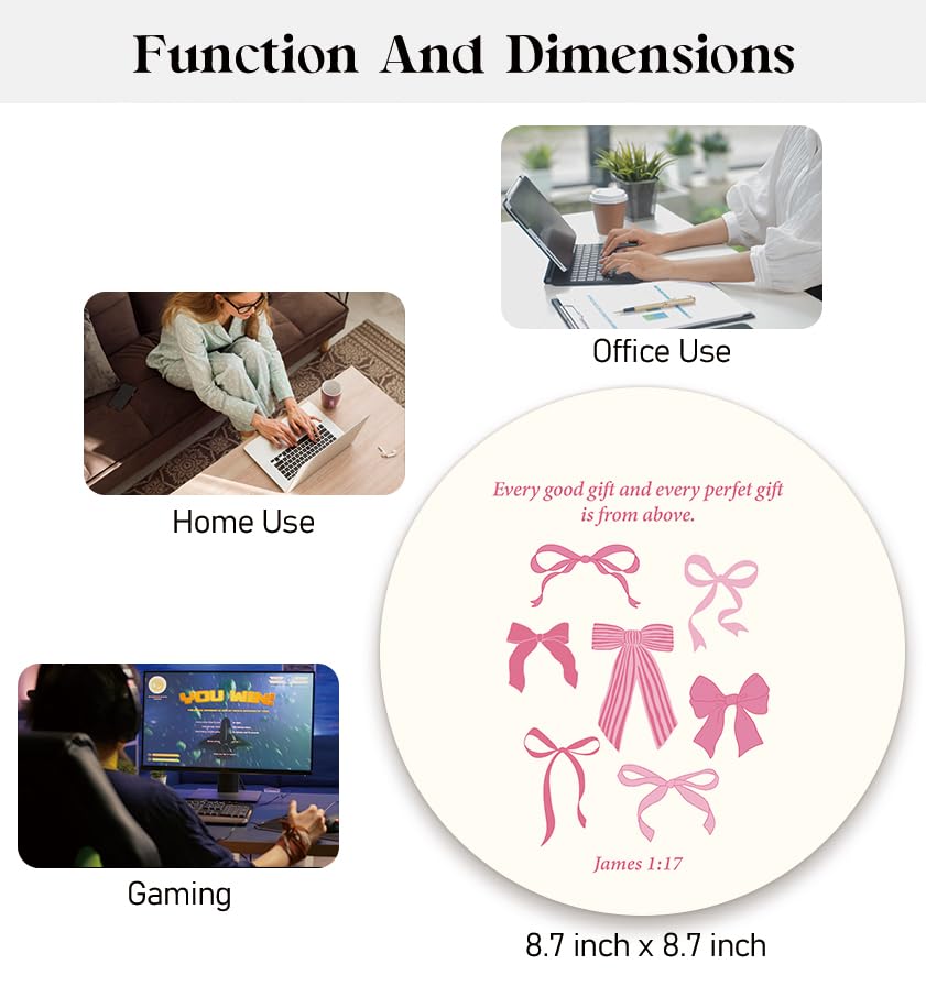 Pink Bow Christian Round Mouse Pad, Pink Bible Verse Mousepad - color: Bow