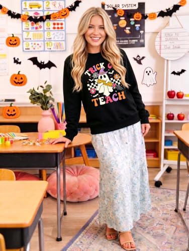 Teacher Halloween Sweatshirt Women Cute Ghost Reading Books Tops - color: D-black, size: Medium