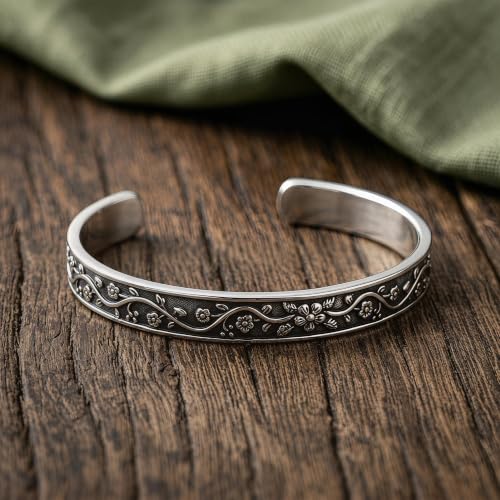 Stainless Steel Vintage Floral Open Cuff Bracelet for Women