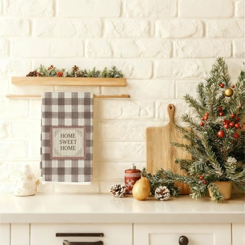House Warming Gifts Home Sweet Home Kitchen Towels, Brown and Beige Gingham Decorative Hand Tea Towels for Bathroom, Housewarming Gifts Dish Towel Dishcloth, 16x24 Inch - color: Brown and Beige