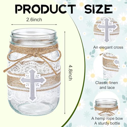Remerry 12 Pack Cross Baptism Table Centerpieces with Mason Jar Lace Burlap