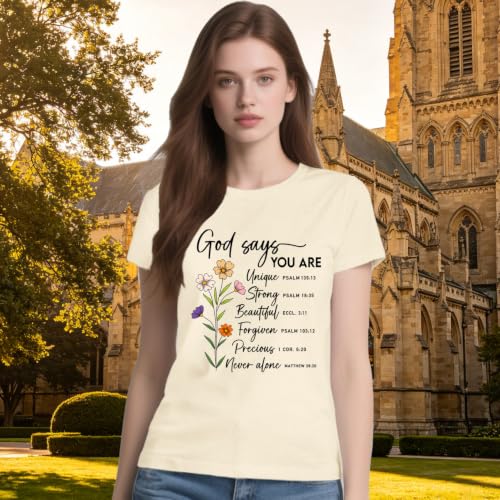 Christian Shirts for Women Religious Floral Inspirational T-Shirt Bible Verse Gifts Tee Top - color: Cream, size: X-Large