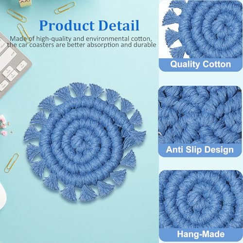 Cotton Car Coasters for Cup Holders, 2 Pack Car Cup Coasters, Drink Coaster Holder Cute Boho Macrame Cupholder Coaster Accessories for Women-3 inch(Blue) - color: Blue