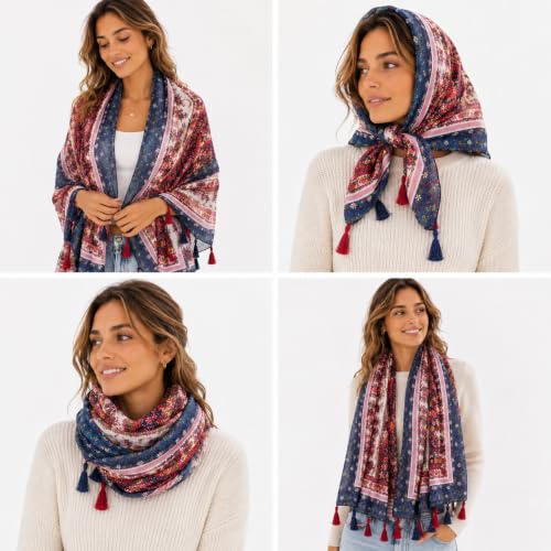 YOUR SMILE Large Boho Scarf for Women Lightweight Floral Printed Scarves Fall Winter Fashion Fringed Shawl wraps - color: 19 Wine Red Boho