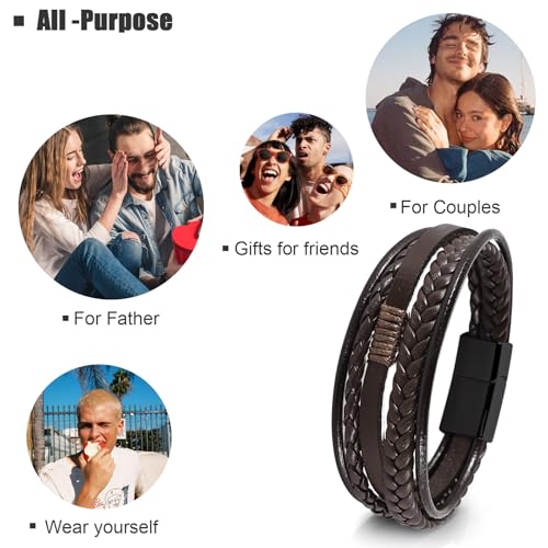 Leather Bracelet for Men Braided Stainless Steel Mens Bracelets - color: Brown-BlackBuckle