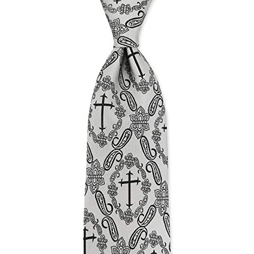 KOOELLE Mens Novelty Religous Necktie Christian Cross & Paisley Tie - color: Silver Gray