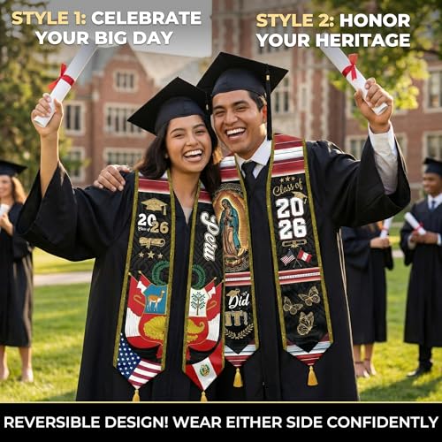 Graduation Stole Class of 2026 Reversible Sash with Gold Glitter Trim and Tassels V-Neck 72 Inch Satin - color: Peru & America