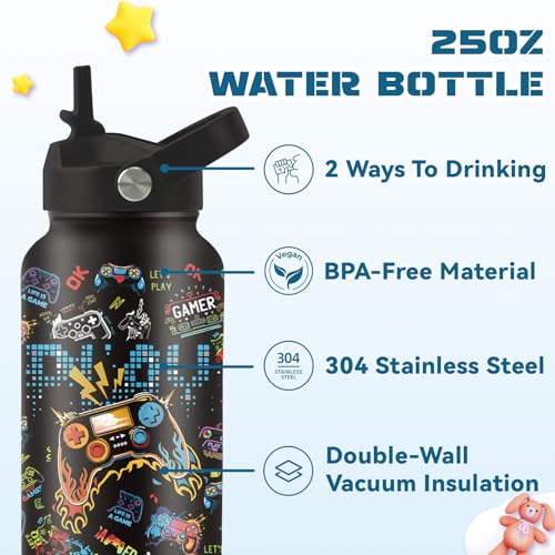Game Gifts for Kids, 25oz Gaming Water Bottle with 2 Lid & Straw - Game Play Stainless Steel Water Bottles, BPA-free Leakproof Insulated Kids Sports Waters Bottle for School Travel, Gift Cup for Teen - color: Game play