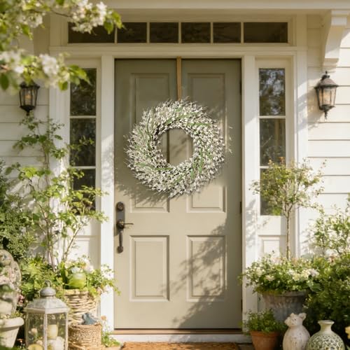 26 Inch Spring Wreaths for Front Door, Large Artificial Forsythia Flowers Wreath, Spring Summer Floral Wreath All Season for Home, Wall, Window, Porch, Wedding, Farmhouse Decor (White) - color: White