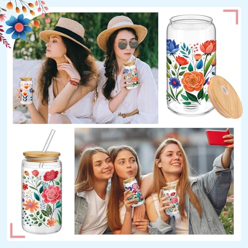 Mumufy 4 Pack Mexican Flower Glass Cup, 16 oz Tumbler Mug with Bamboo Lid - style: Mexican Flower