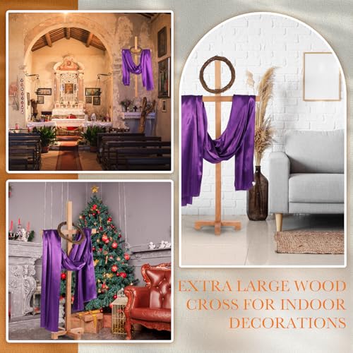 CroBlissful 58'' Large Easter Wood Cross with Jesus Crown of Thorns & Satin Purple Cloth, Large Standing Cross Decoration He Is Risen Outdoor Easter Decor for Lent Church Christian Religious