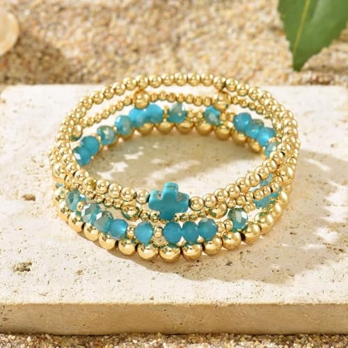 Colorful Cross Charm Bracelets for Women Men Adjustable Gold Plated Beaded Bracelet Boho Bead Ball Stretch Bracelet Birthday Summer Beach Jewelry - color: Blue