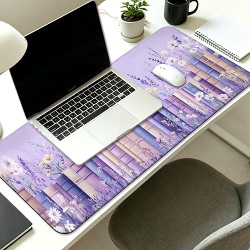 Pretty Wildflower and Book Gaming Desk Mat & Mouse Pad, Purple, XL - color: H05