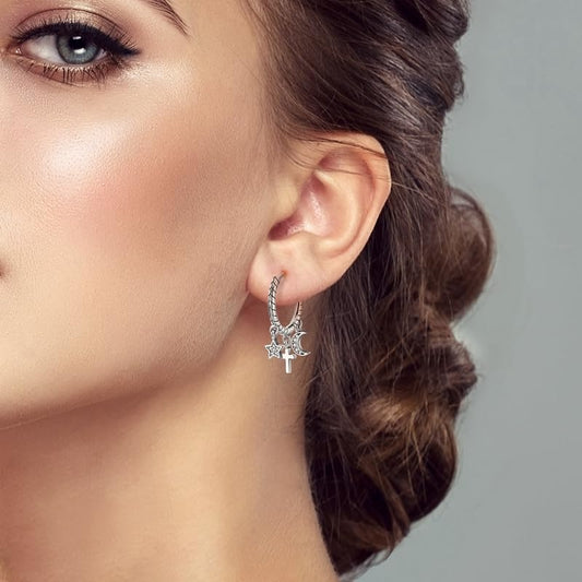 Hapour 925 Sterling Silver Earrings Small Star Moon Cross Snake Bone Cute Drop Dangle Earrings with Cubic Zirconia Unique Jewelry Gift for Women