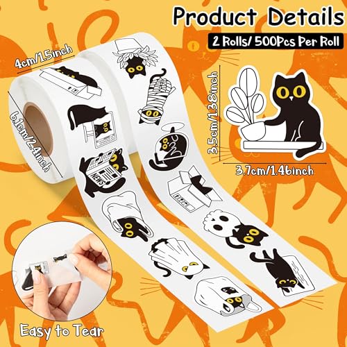 Cute Black Cat Sticker Rolls for Kids Teens - 1000Pcs in 2 Rolls - style: Black Cat