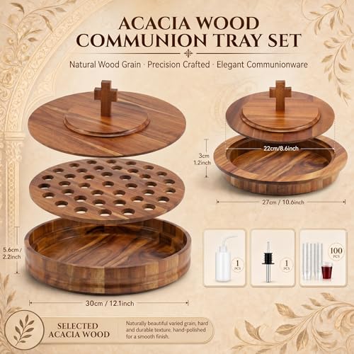 Zhehao 2 Pcs Wood Communion Set for Church, Holy Communion Serving Tray and Bread Plate with Lid Cup Filler and Disposable Cups Elegant Worship Supplies for Church Service (Acacia Wood Style) - style: Acacia Wood Style