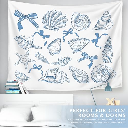 LIANGW Coquette Blue Bow Seashell Tapestry Wall Hanging, East Coast Coastal Granddaughter Decor,Wall Art Teens Room Decoration Living Room Bedroom, Based Blue Room Decor Aesthetic 50x60 inches - color: 03-coastal