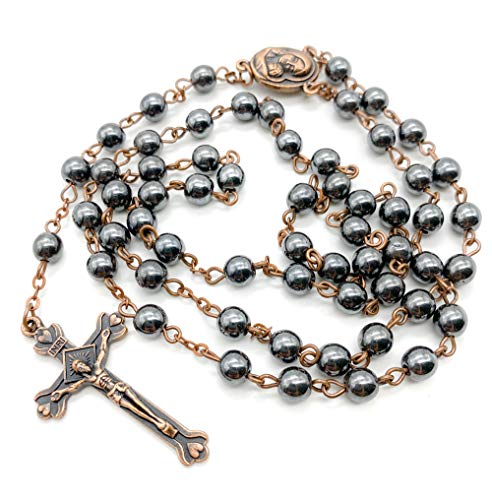 Nazareth Store Hematite Rosary Beads Black Stone Catholic Rosary Necklace with Jerusalem Holy Soil & Cross Antique Religious Rosaries Beads Collection - color: Bronze Color Chain