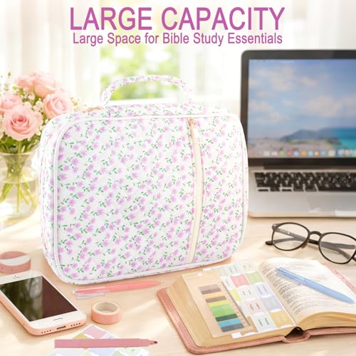Zkptops Bible Cover Case for Women Large Bible Bag Cotton Quilted Bible Carrying Case with Zipper Pocket and Handle Carrying Book Cover for Christian Study Supplies Christian Gift(Purple Flower) - color: Fr Purple Flower
