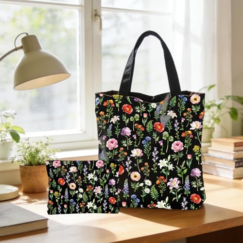 2 Pack Canvas Tote Bag with Makeup Zipper Pouch Colorful Polyester Printed Reusable Shopping Bags for Women - style: Black Flower