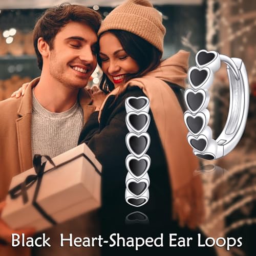 AOBOCO Black Hoops Earrings for Men Sterling Silver Viking Celtic Cross Heart Skull Round Triangle Hoop Earrings Birthday Father Day Christmas Jewelry Gifts for Men Women Friends - style: Heart Hoops