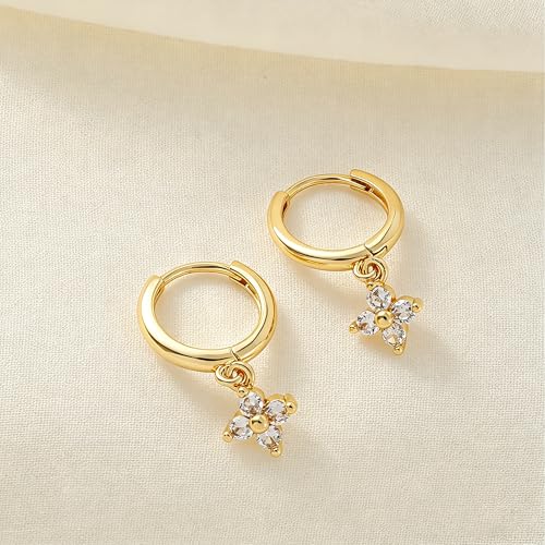 Dangle Earrings for Women, Dainty Huggie Hoop Dangle Earrings - color: Clover 01 Dangle Gold