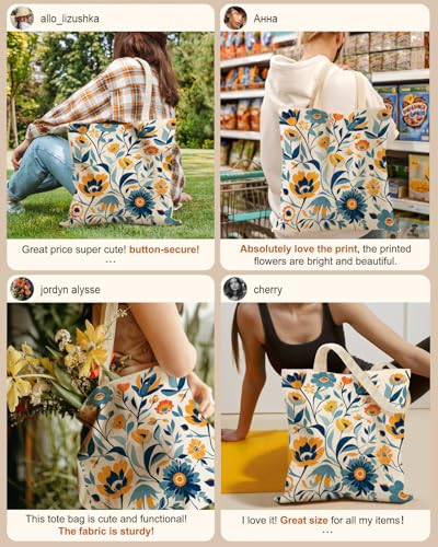 Miss Adola Canvas Tote Bag for Women with Zipper, Blue Yellow Flower - color: Blue Yellow Flower
