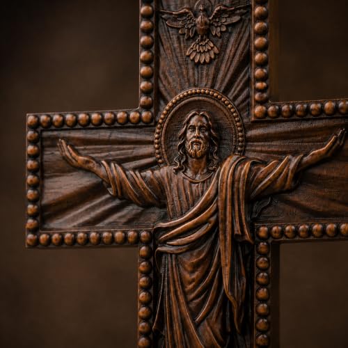 QIADGE Ascension of Jesus Handmade Cross Catholic Wall Decor Wooden Christian Decoration Gift Wood Carved Handmade Craft jesus cross for wall baptism favors wooden cross(13.7 * 10.7 in) - size: 13.7*10.7 in