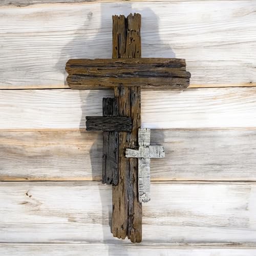 Three Cross Rustic Wall Décor – Large 15 1/2” Tall Layered Resin Wall Cross Sculpture with Distressed Wood Look – Symbolic Christian Art for Home, Church, or Prayer Room