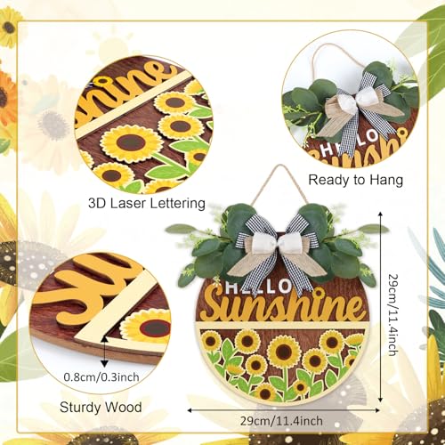 TOARTi 3D Hello Sunshine Front Door Wreath(11.4x11.4 inches),Rustic Sunflower Summer Welcome Door Sign Plaque Hanging, Vintage Wooden Home Wall Decoration for Garden Porch Yard Office - color: Sunflowers