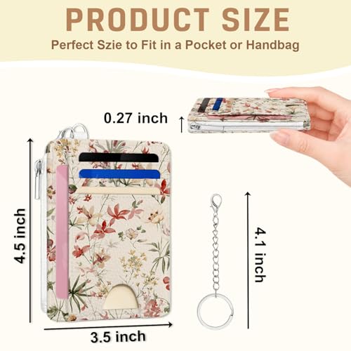 Flowers Slim RFID Blocking Small Wallet Keychain Set,Flower Credit Card Holder Wallet for Women, Zipper Coin Pocket Thin Card Holder Case with ID Window, Flower Card Holder Wallet Gift for Ladies - color: Floral