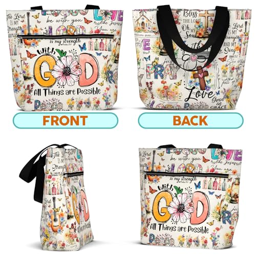 84hoods 15 inch Large Tote Bag for Work for Women. Christian Faith, Jesus God Religious Gift. Waterproof Shoulder Bag. - color: 01. All Things Are Possible With God