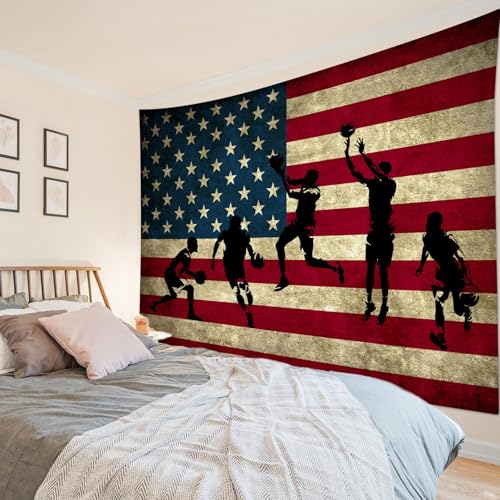 LB Vintage Basketball Tapestry American Flag Tapestries Wall Hanging Sports Player Wall Decor for Boys Bedroom Living Room College Dorm, Birthday Theme Party Backdrop, 78Wx60H inches - color: Black, size: 60"L x 78"W