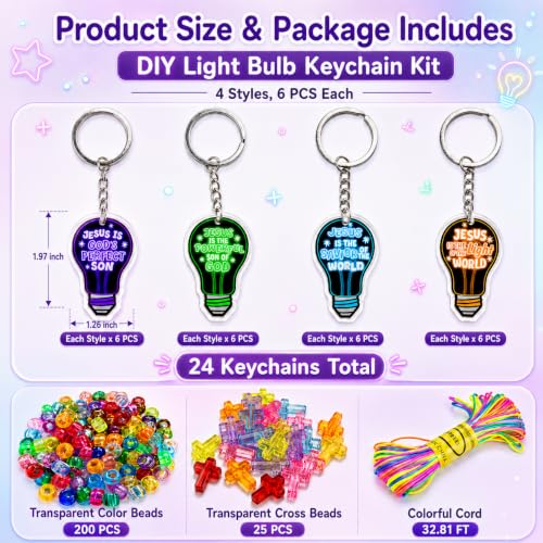 Cinrobiye 24 Set 2026 VBS Jesus Light DIY Keychain Kit, Beaded Acrylic Keychains Craft , Christian Crafts for Sunday School, Church Classroom Activities, Vacation Bible School Party Favors(Light Bulb) - style: Light bulb