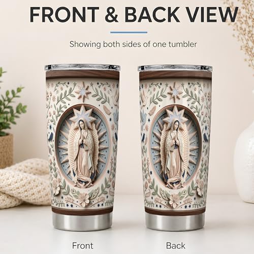 Virgin Mary Star Oval 20oz Tumbler, Marian Devotion Tumbler, Daily Tea Cup, Wood Rim Look, Pastel Floral Frame With Doves And Navy Stars, Soft Folk Art, Faithful Catholic Women - color: Virgin Mary 3